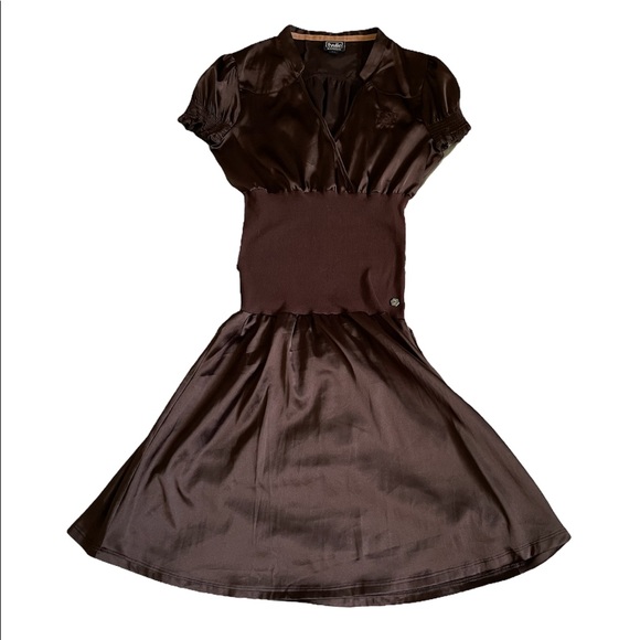 Twik chocolate brown collared wrap Y2K style dress - Picture 8 of 16